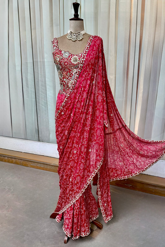 Cherry Red Embroidered Corset & Draped Saree Set