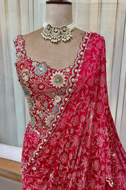 Cherry Red Embroidered Corset & Draped Saree Set