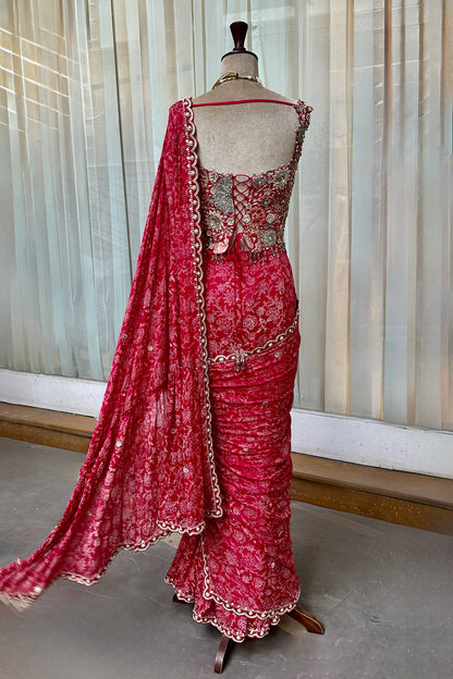 Cherry Red Embroidered Corset & Draped Saree Set