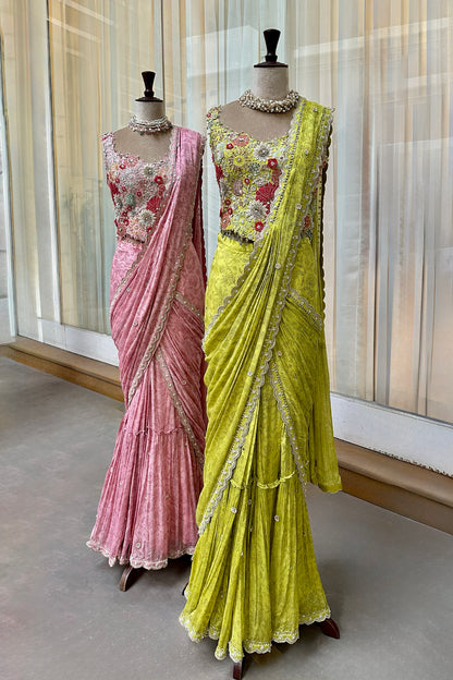 Lime Green Embroidered Corset & Draped Saree Set