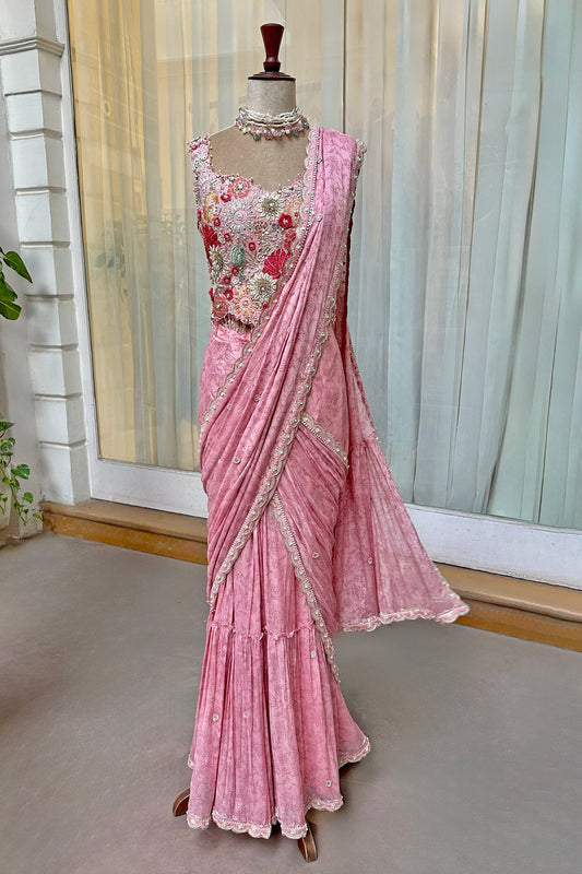 Rose Pink Embroidered Corset & Draped Saree Set