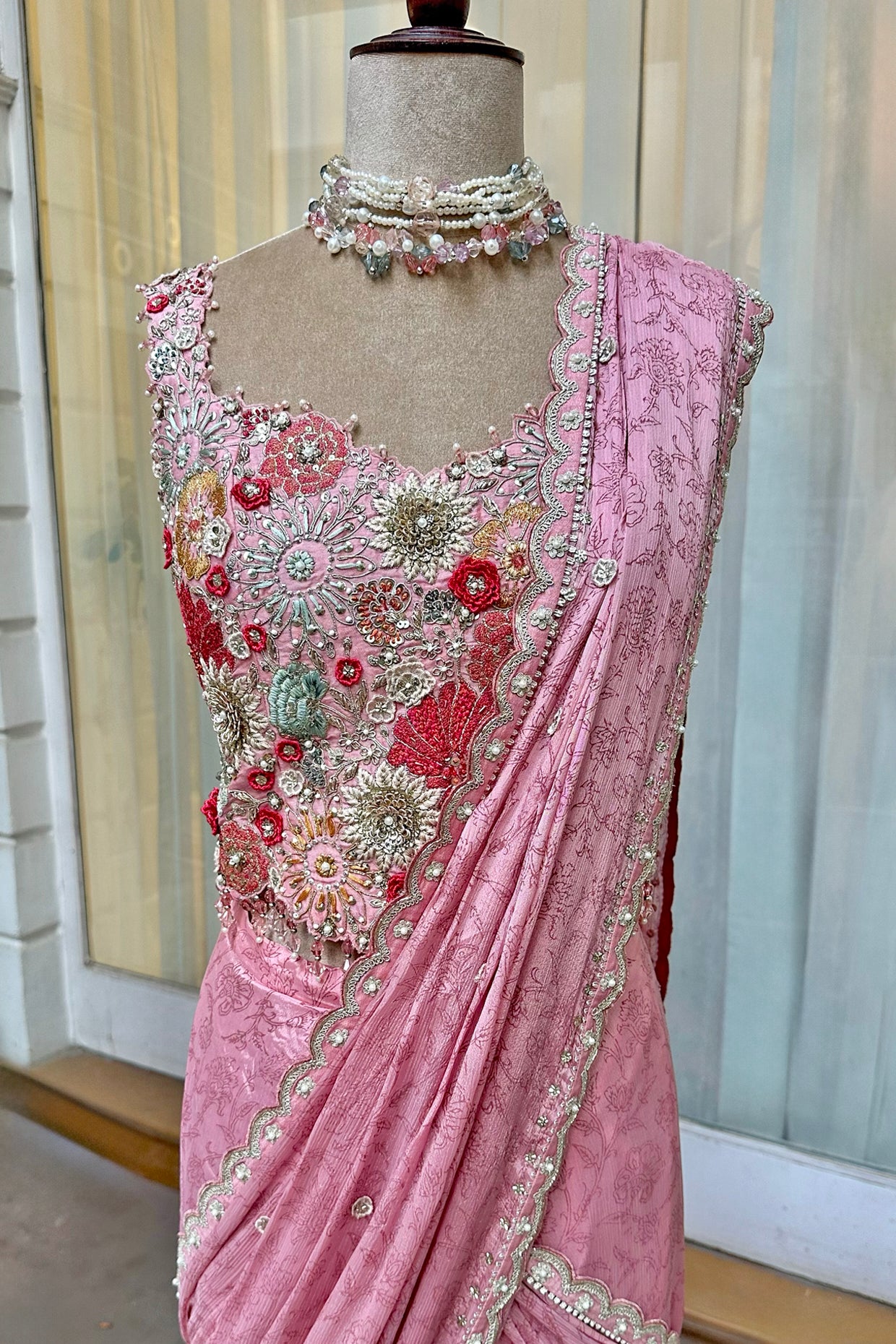 Rose Pink Embroidered Corset & Draped Saree Set