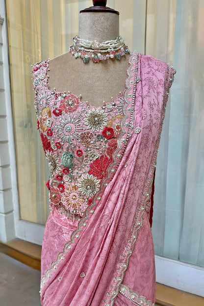 Rose Pink Embroidered Corset & Draped Saree Set