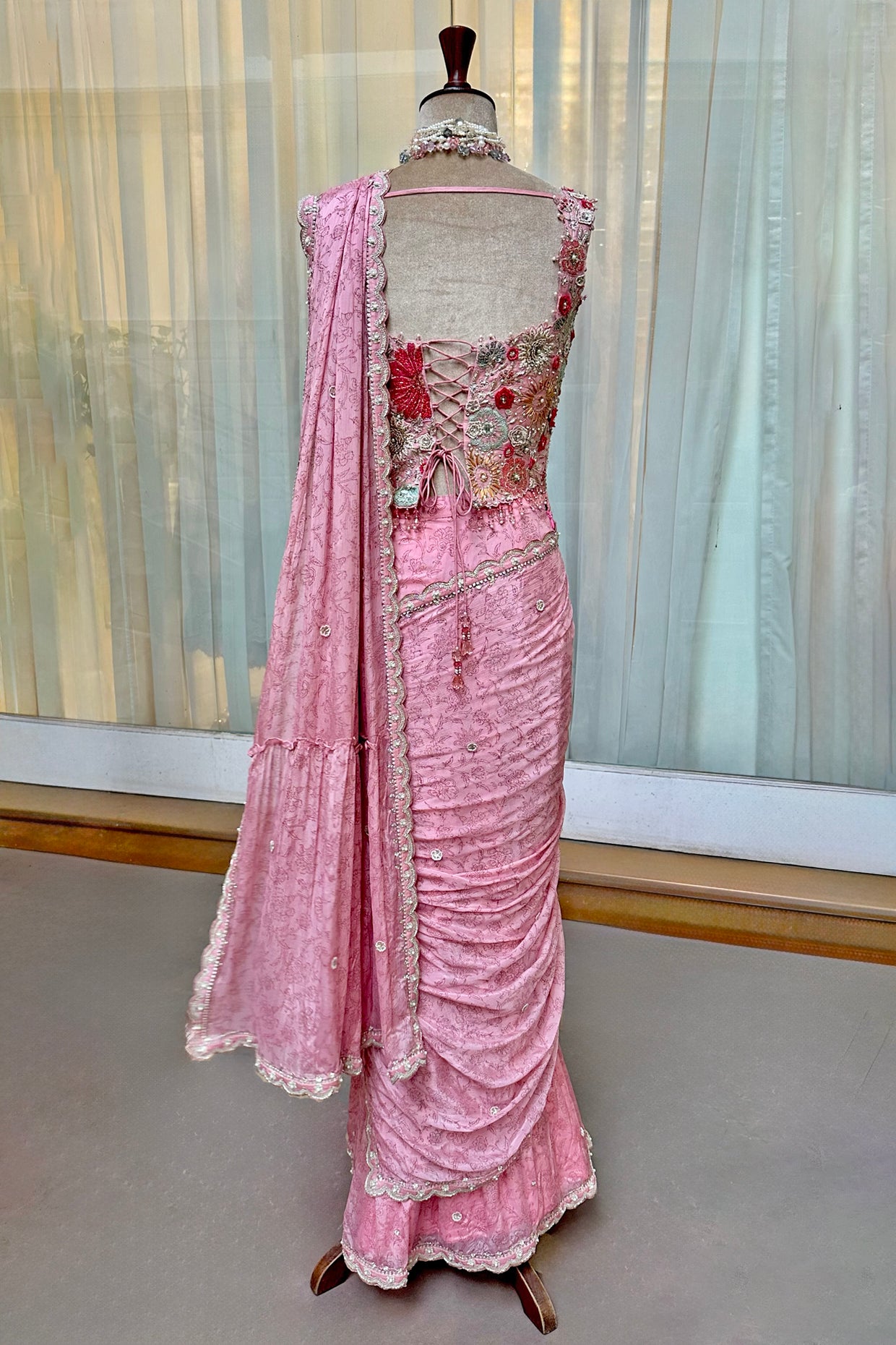 Rose Pink Embroidered Corset & Draped Saree Set
