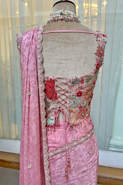 Rose Pink Embroidered Corset & Draped Saree Set