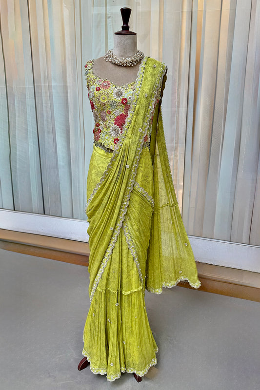 Lime Green Embroidered Corset & Draped Saree Set