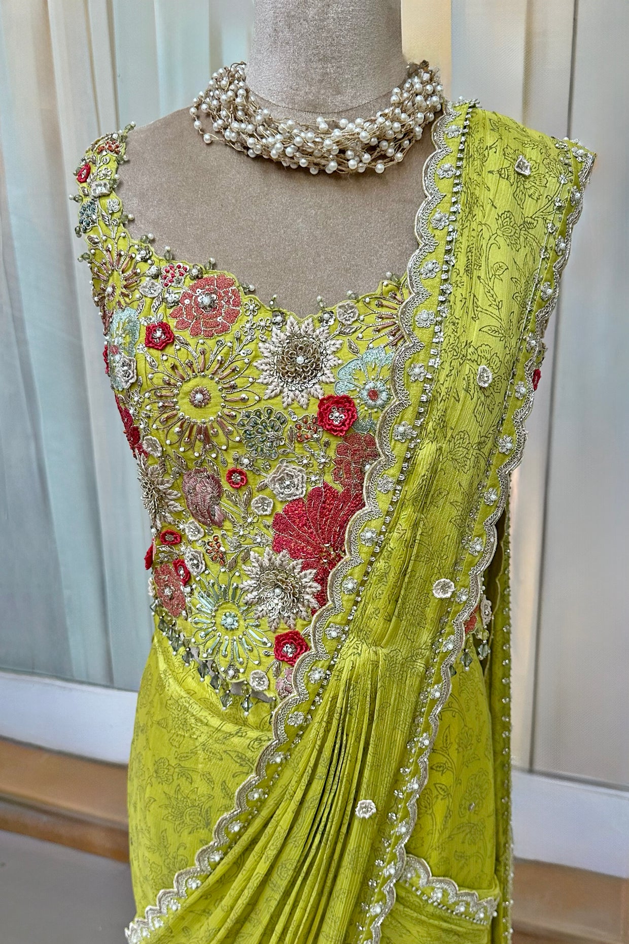 Lime Green Embroidered Corset & Draped Saree Set