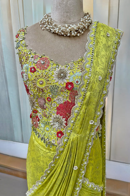 Lime Green Embroidered Corset & Draped Saree Set