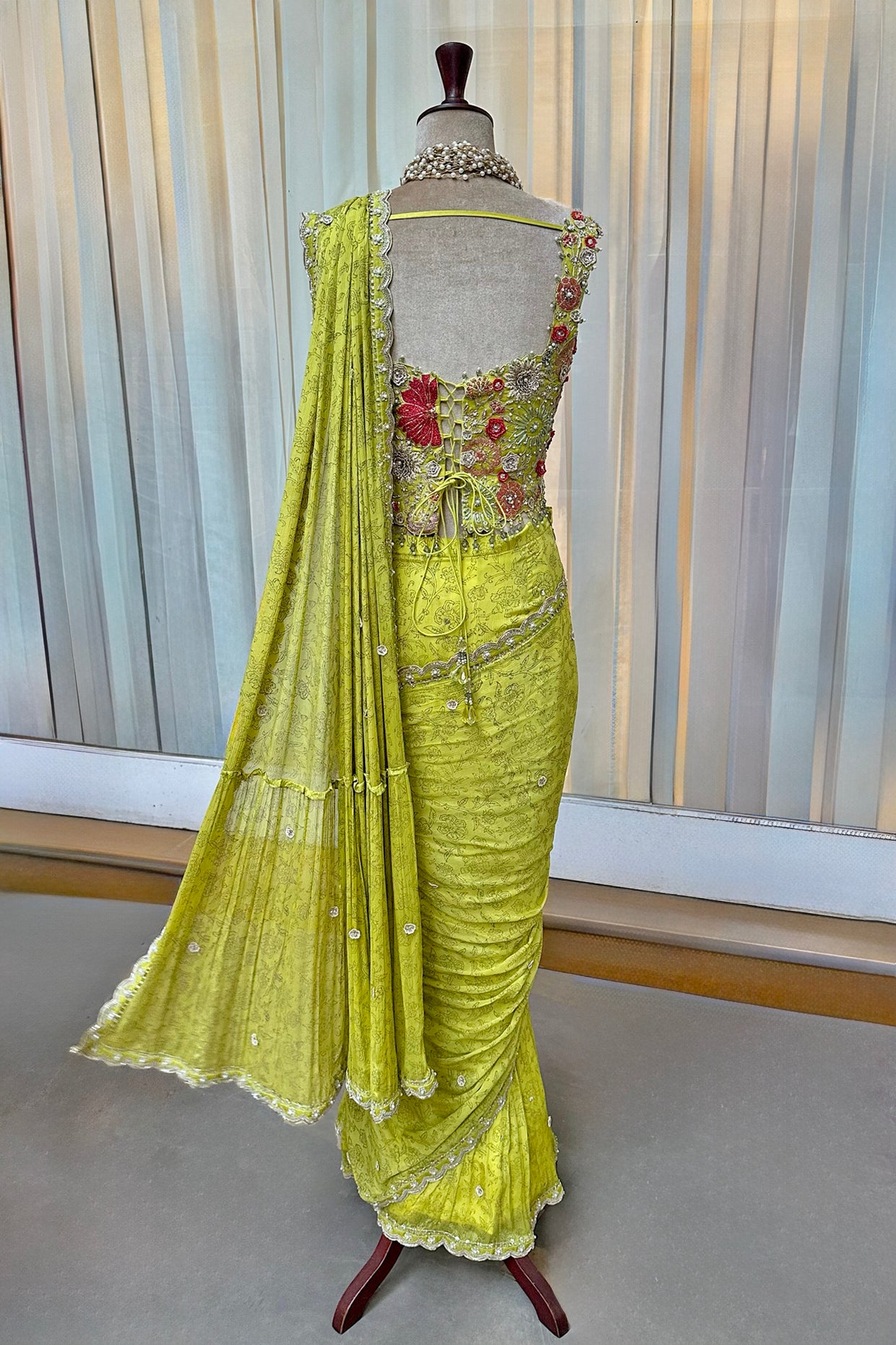 Lime Green Embroidered Corset & Draped Saree Set