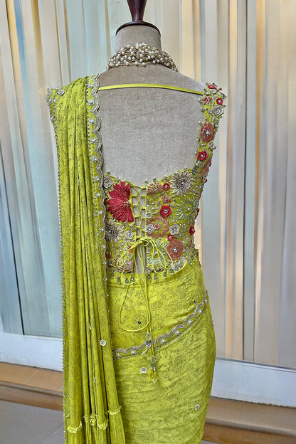 Lime Green Embroidered Corset & Draped Saree Set