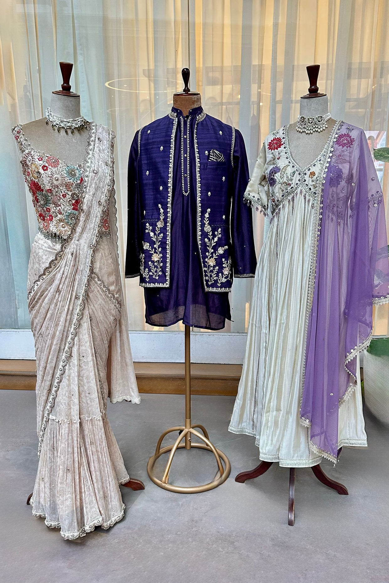 Ecru Embroidered Corset & Draped Saree Set