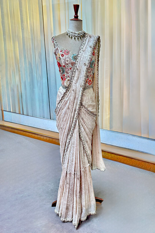 Ecru Embroidered Corset & Draped Saree Set