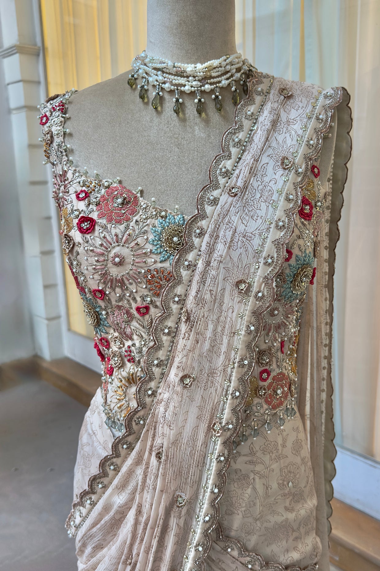 Ecru Embroidered Corset & Draped Saree Set