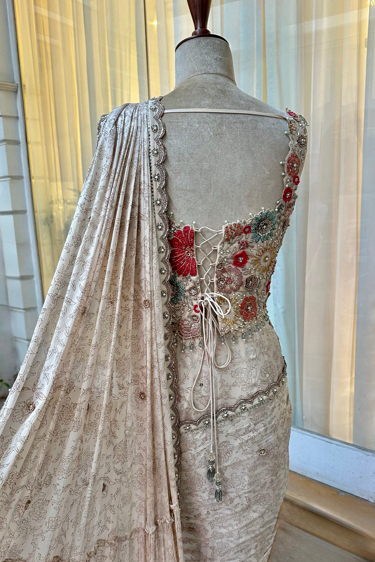 Ecru Embroidered Corset & Draped Saree Set