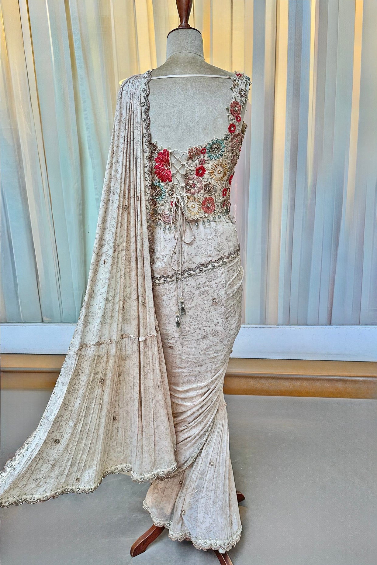 Ecru Embroidered Corset & Draped Saree Set