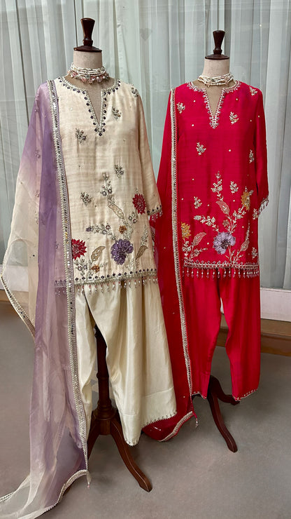 Cherry Red Silk Embroidered Farshi Salwar Set