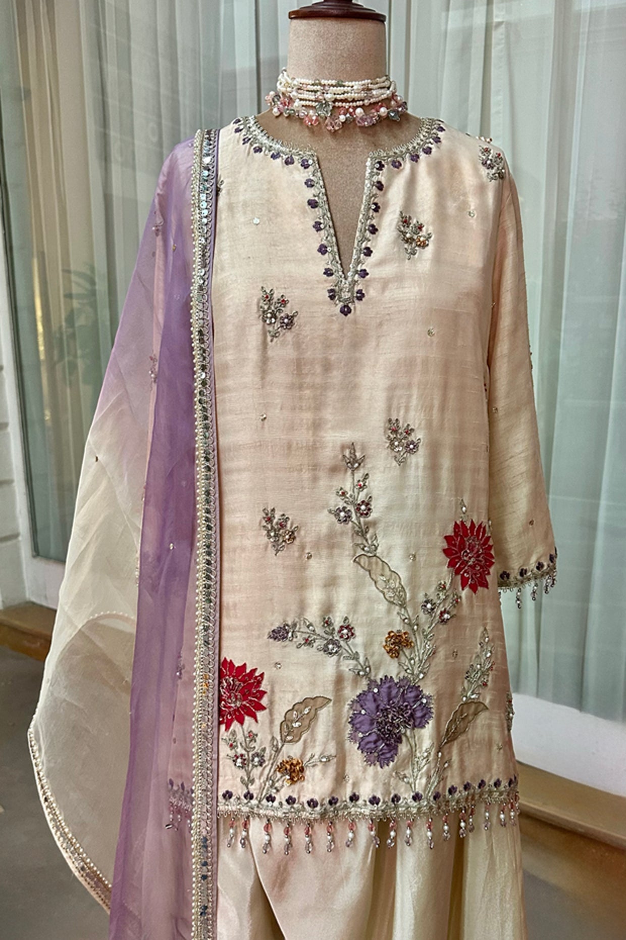 Ecru Silk Embroidered Farshi Salwar Set