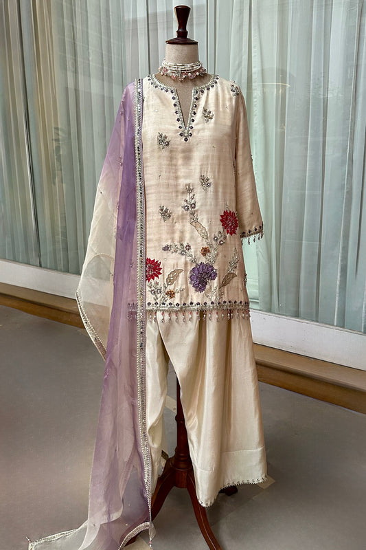 Ecru Silk Embroidered Farshi Salwar Set