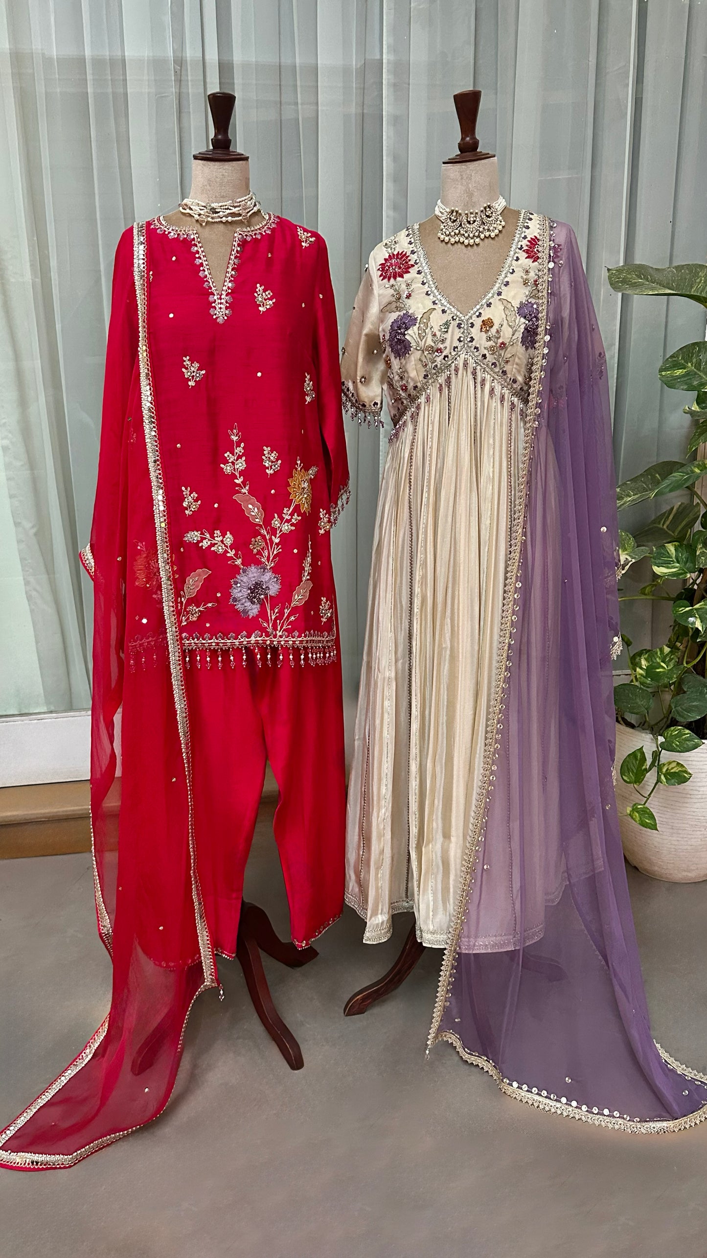 Ecru Tissue Embroidered Anarkali Set