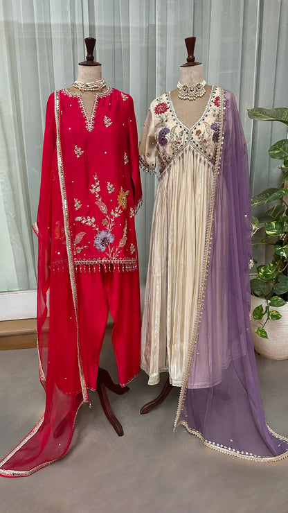 Ecru Tissue Embroidered Anarkali Set