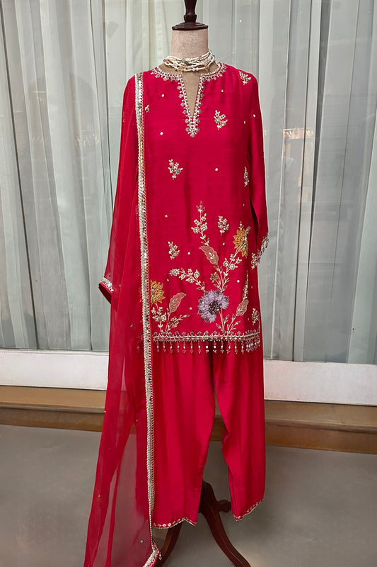 Cherry Red Silk Embroidered Farshi Salwar Set