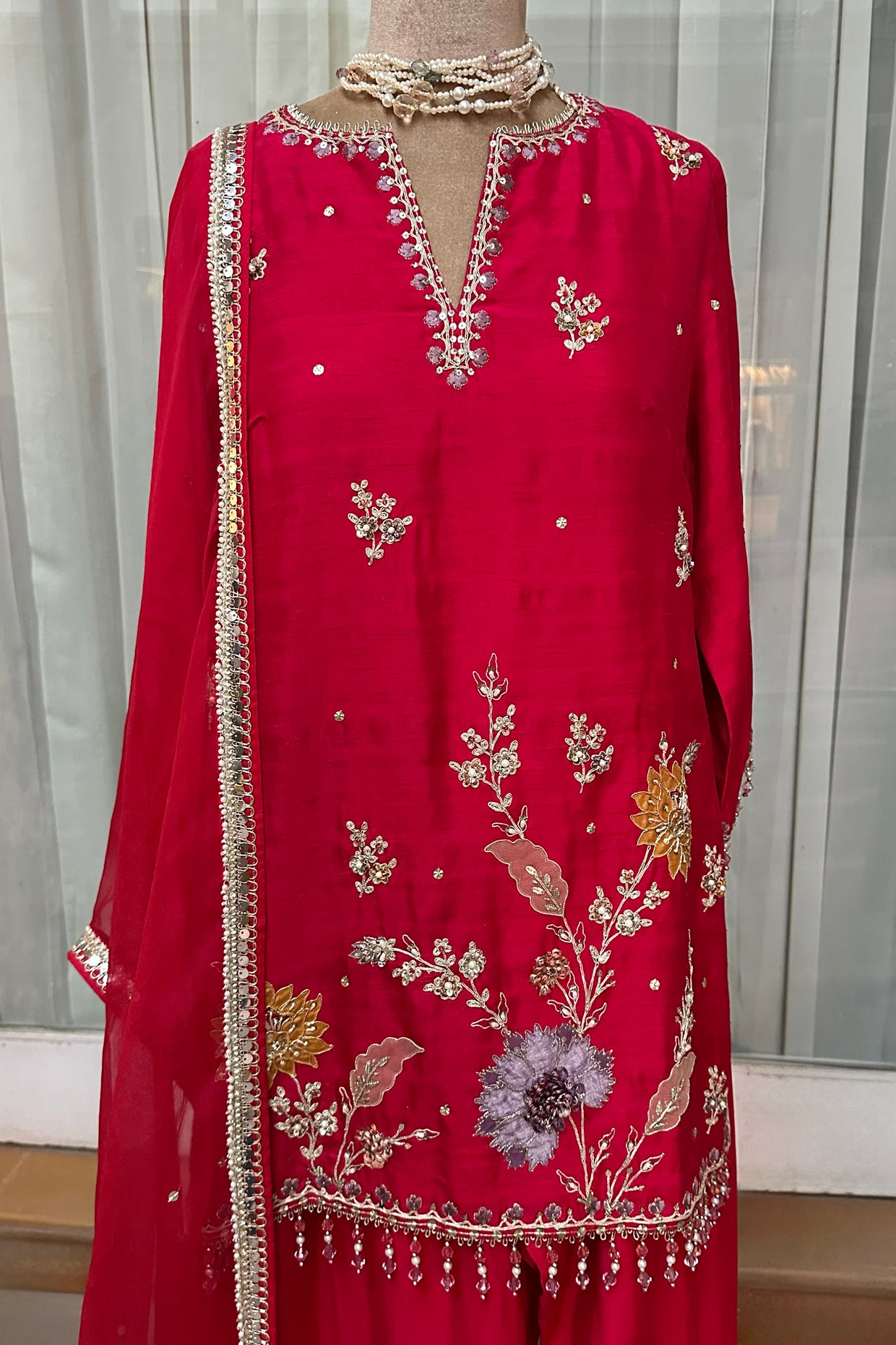 Cherry Red Silk Embroidered Farshi Salwar Set