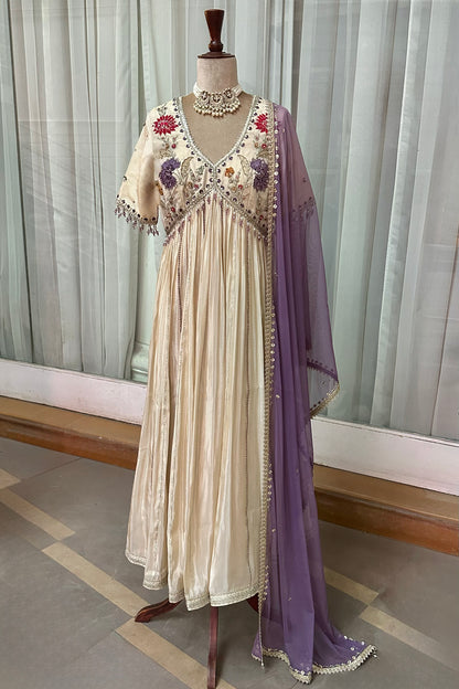 Ecru Tissue Embroidered Anarkali Set