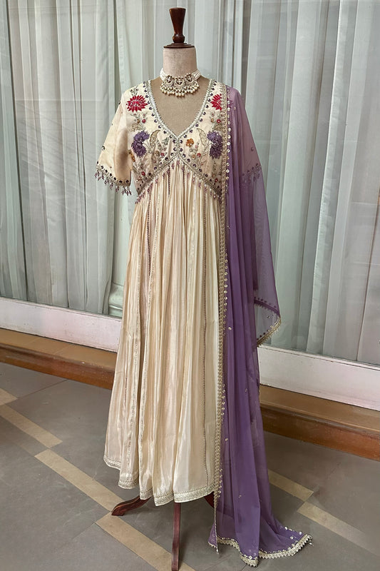 Ecru Tissue Embroidered Anarkali Set