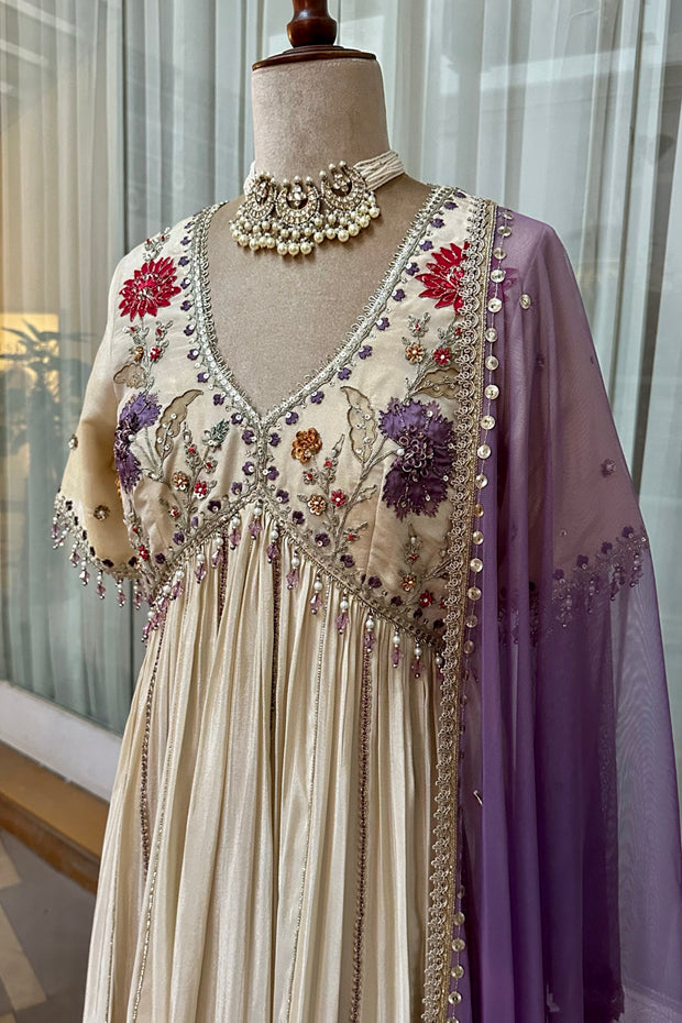 Ecru Tissue Embroidered Anarkali Set