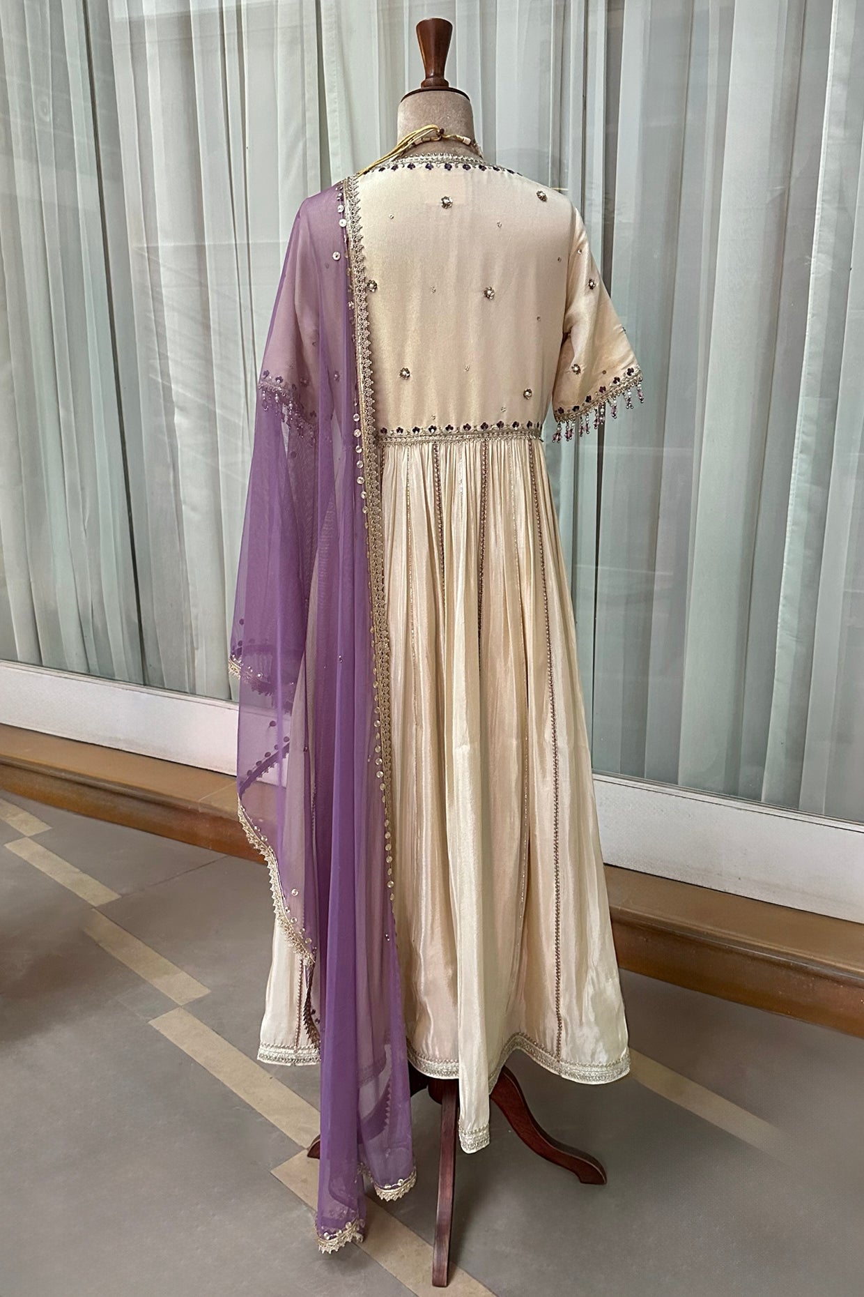 Ecru Tissue Embroidered Anarkali Set