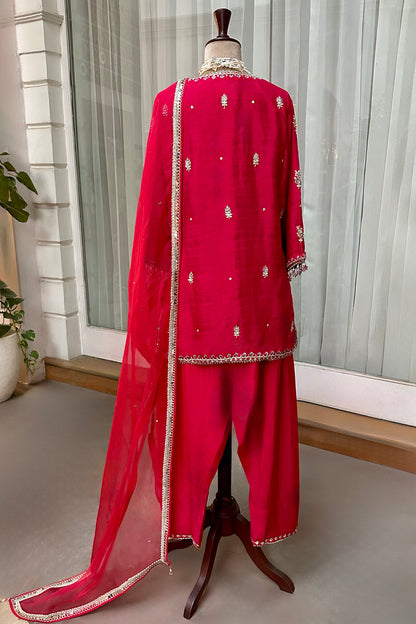 Cherry Red Silk Embroidered Farshi Salwar Set