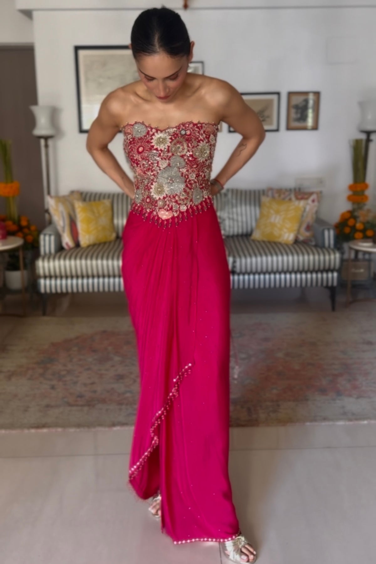 Amrita Thakur in Cherry Corset & Draped Skirt Set