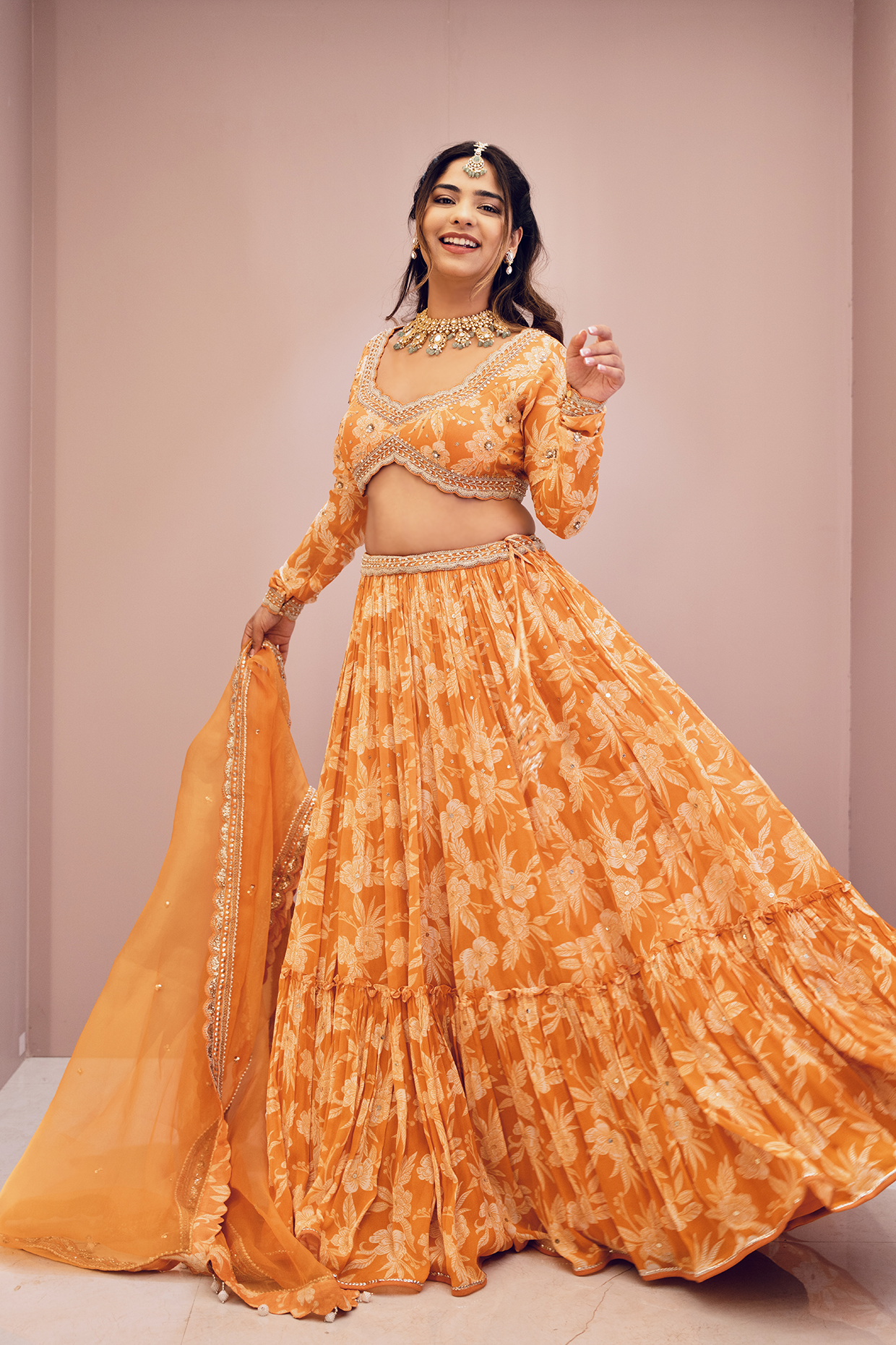 Tanusha Bajaj In Orange Tiered Skirt Set