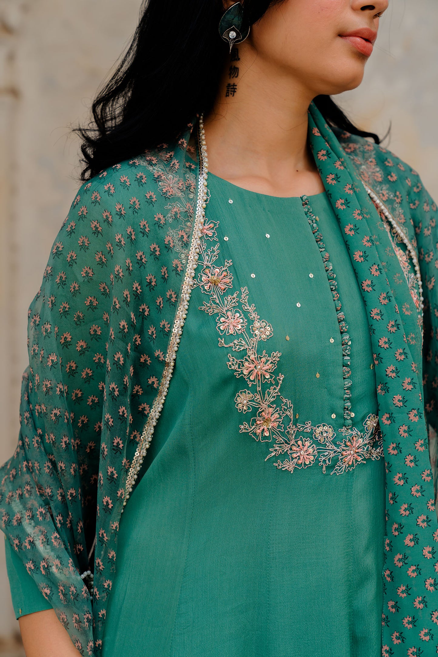 Green Chiffon Embroidered Flared Anarkali Set