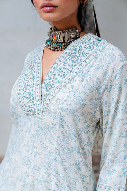 Ivory Printed And Embroidered Flared Tunic Set