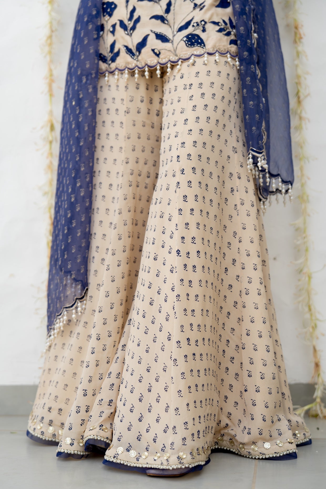 Ecru Silk Embroidered Sharara Set