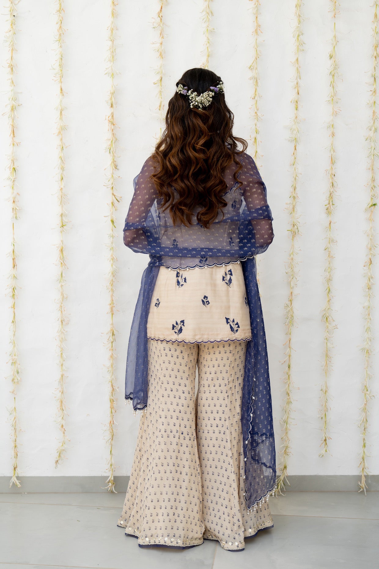 Ecru Silk Embroidered Sharara Set