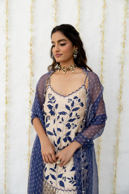 Ecru Silk Embroidered Sharara Set