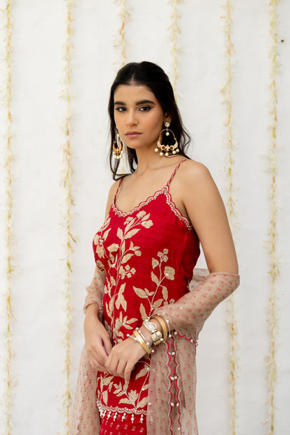 Cherry Red Silk Embroidered Sharara Set