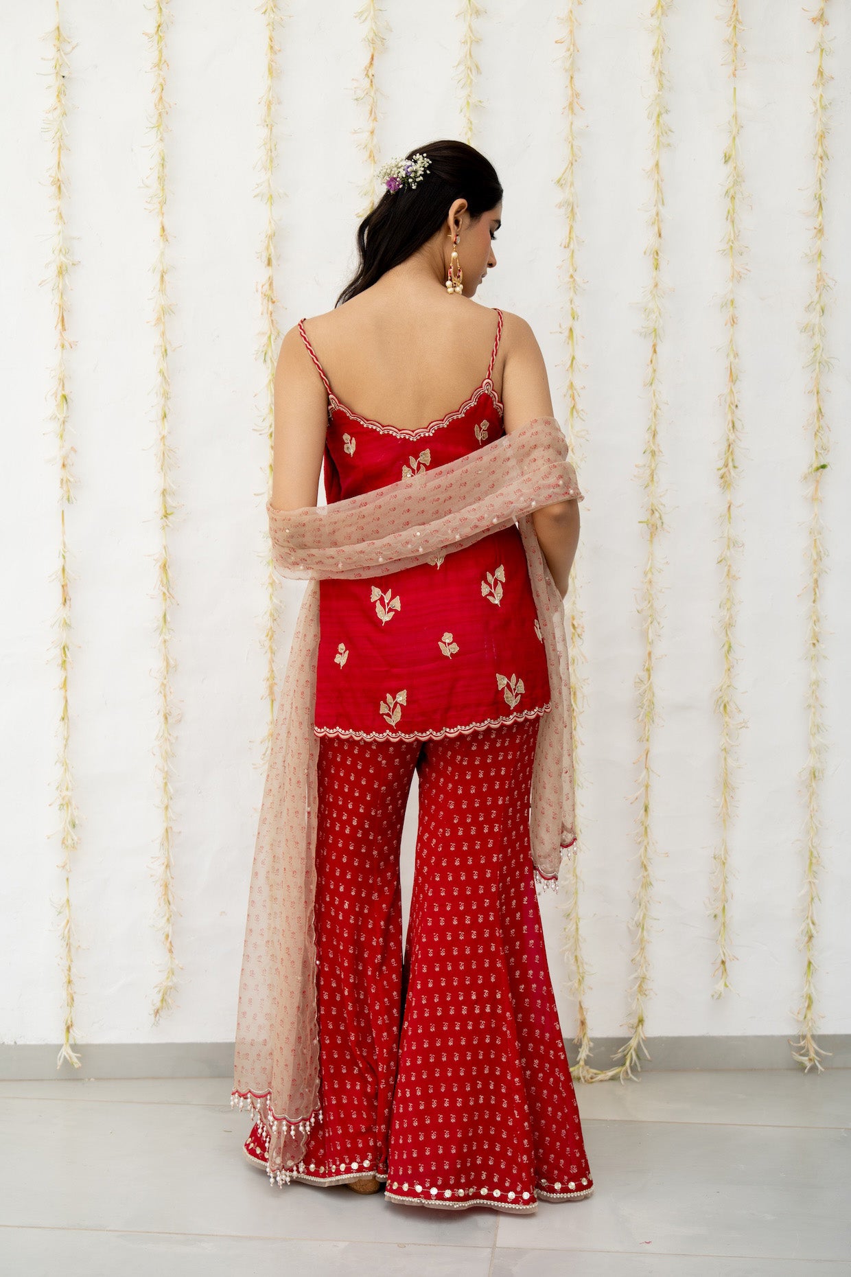 Cherry Red Silk Embroidered Sharara Set