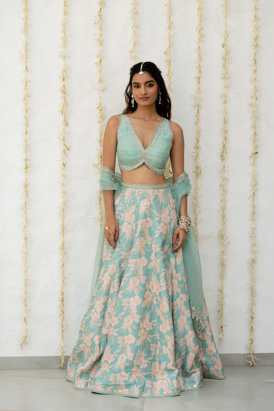 Aqua Silk Printed & Embroidered Lehenga Set