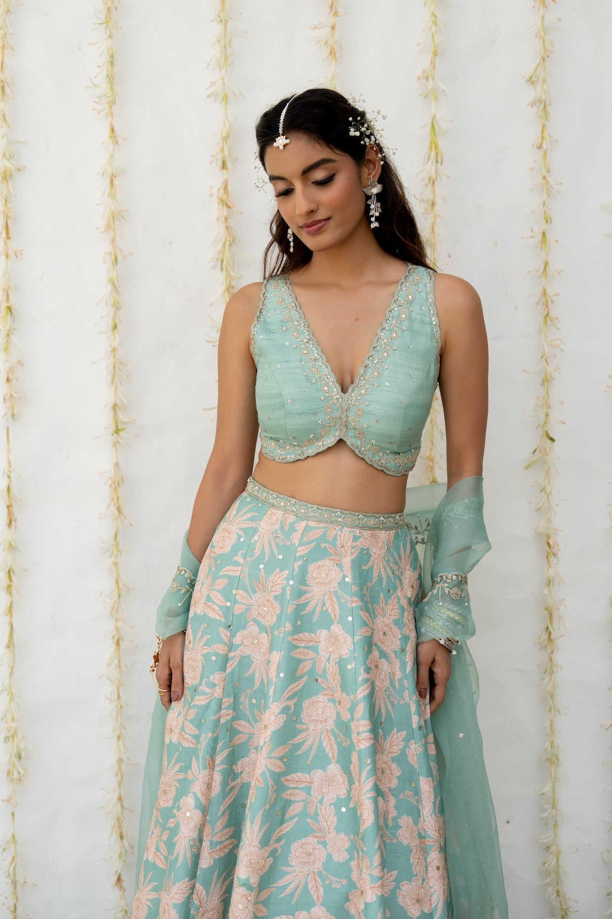 Aqua Silk Printed & Embroidered Lehenga Set
