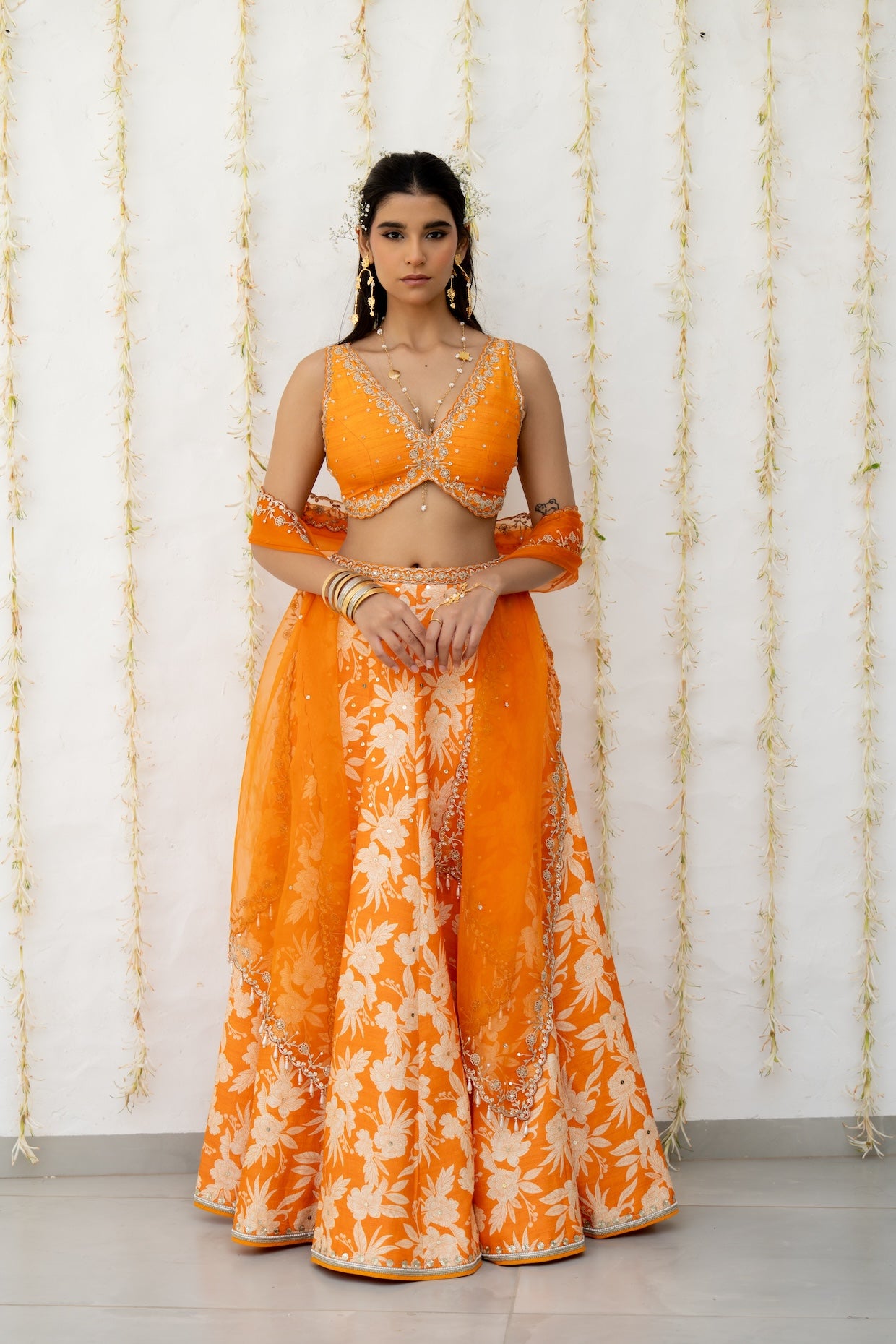 Orange Silk Printed & Embroidered Lehenga Set