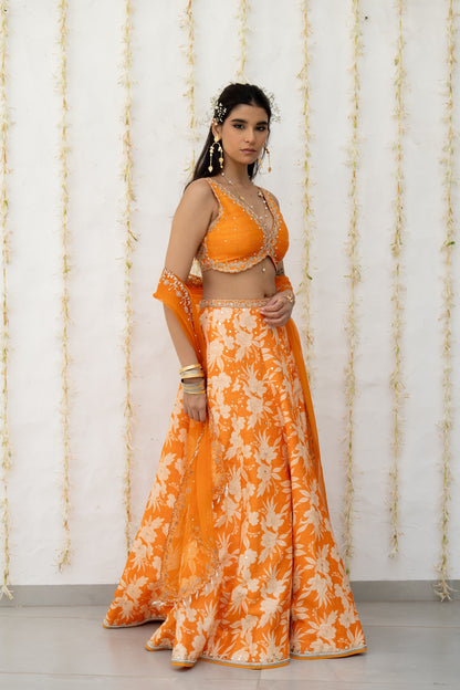 Orange Silk Printed & Embroidered Lehenga Set