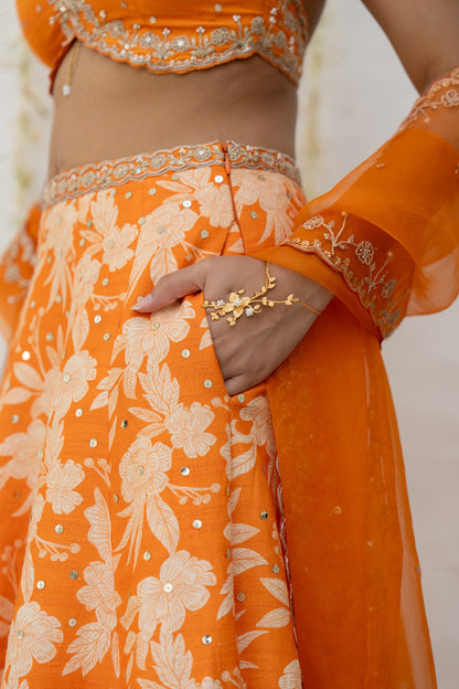 Orange Silk Printed & Embroidered Lehenga Set