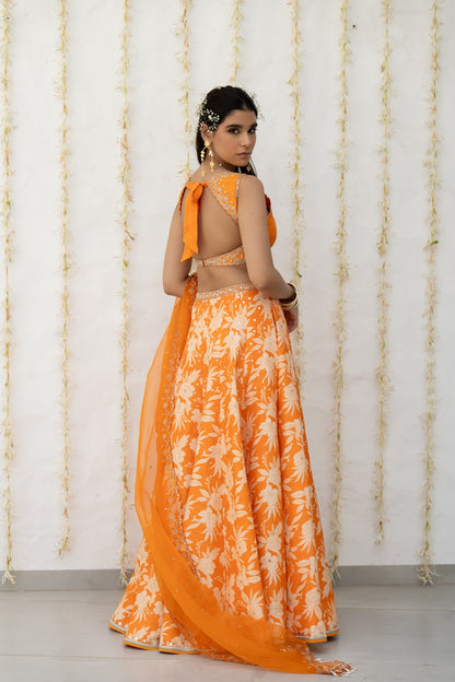 Orange Silk Printed & Embroidered Lehenga Set