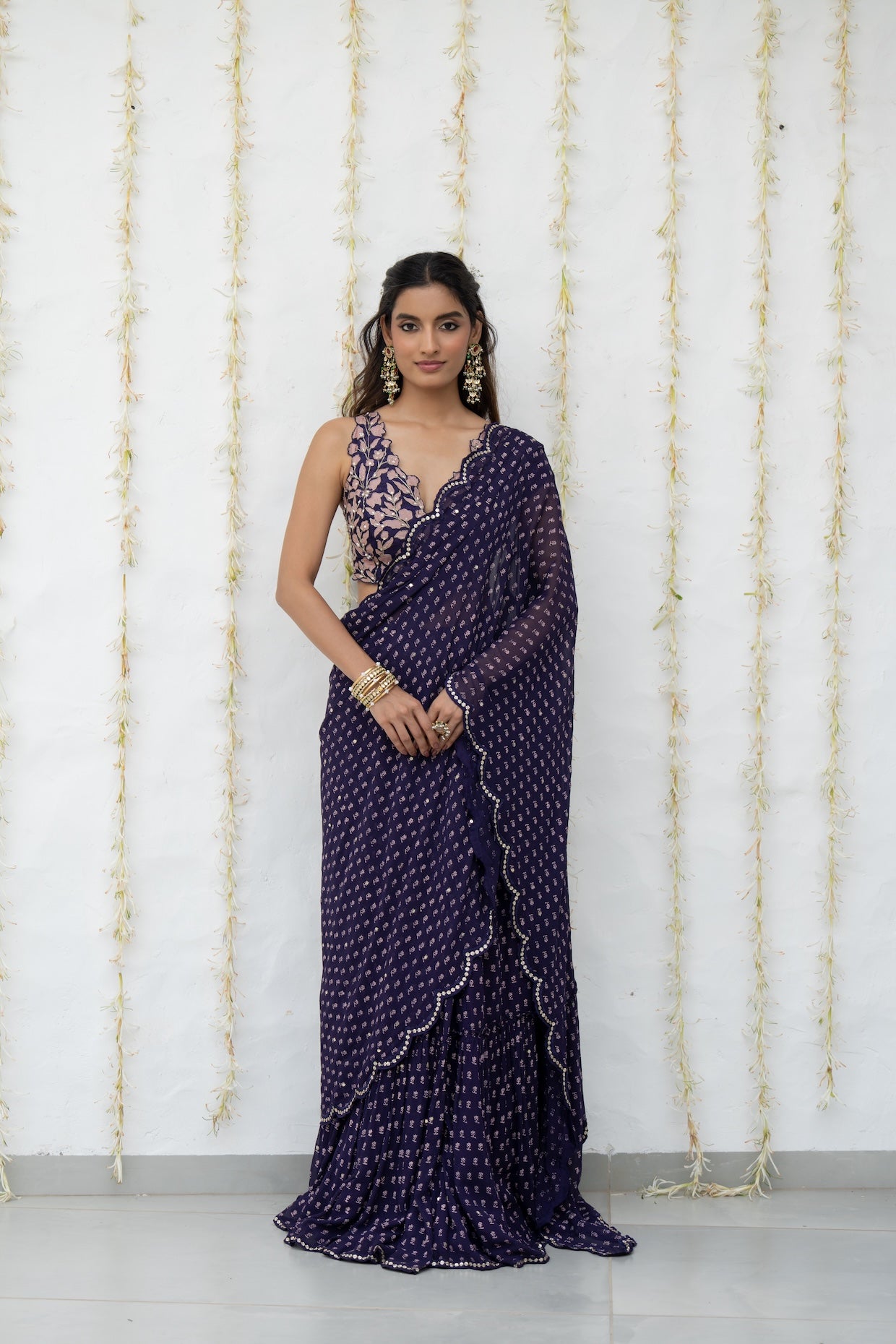 Royal Purple Georgette Draped Saree Set