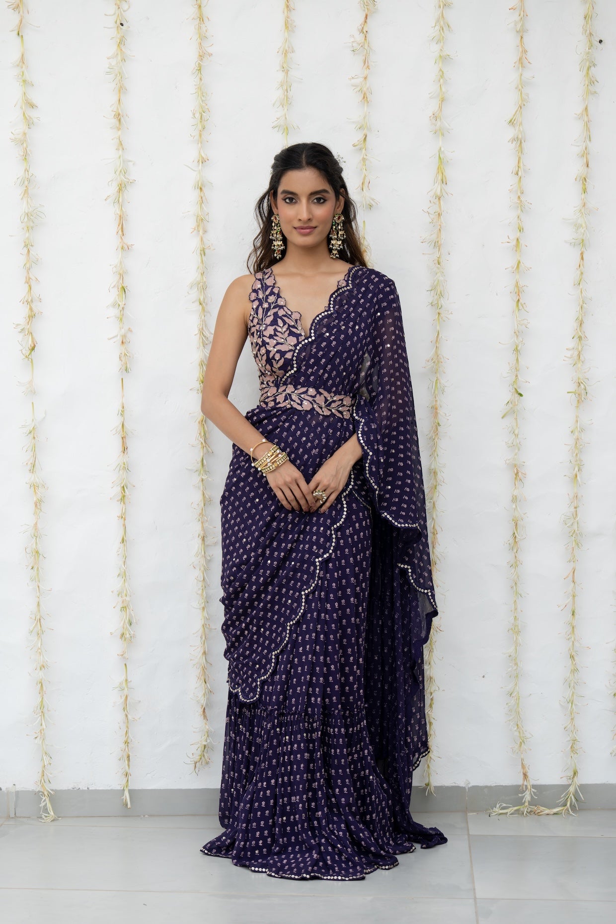 Royal Purple Georgette Draped Saree Set