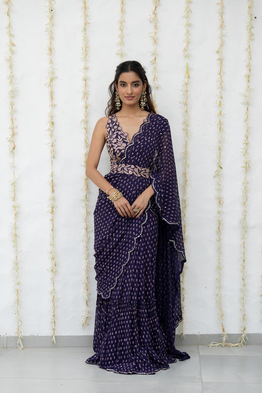 Royal Purple Georgette Draped Saree Set