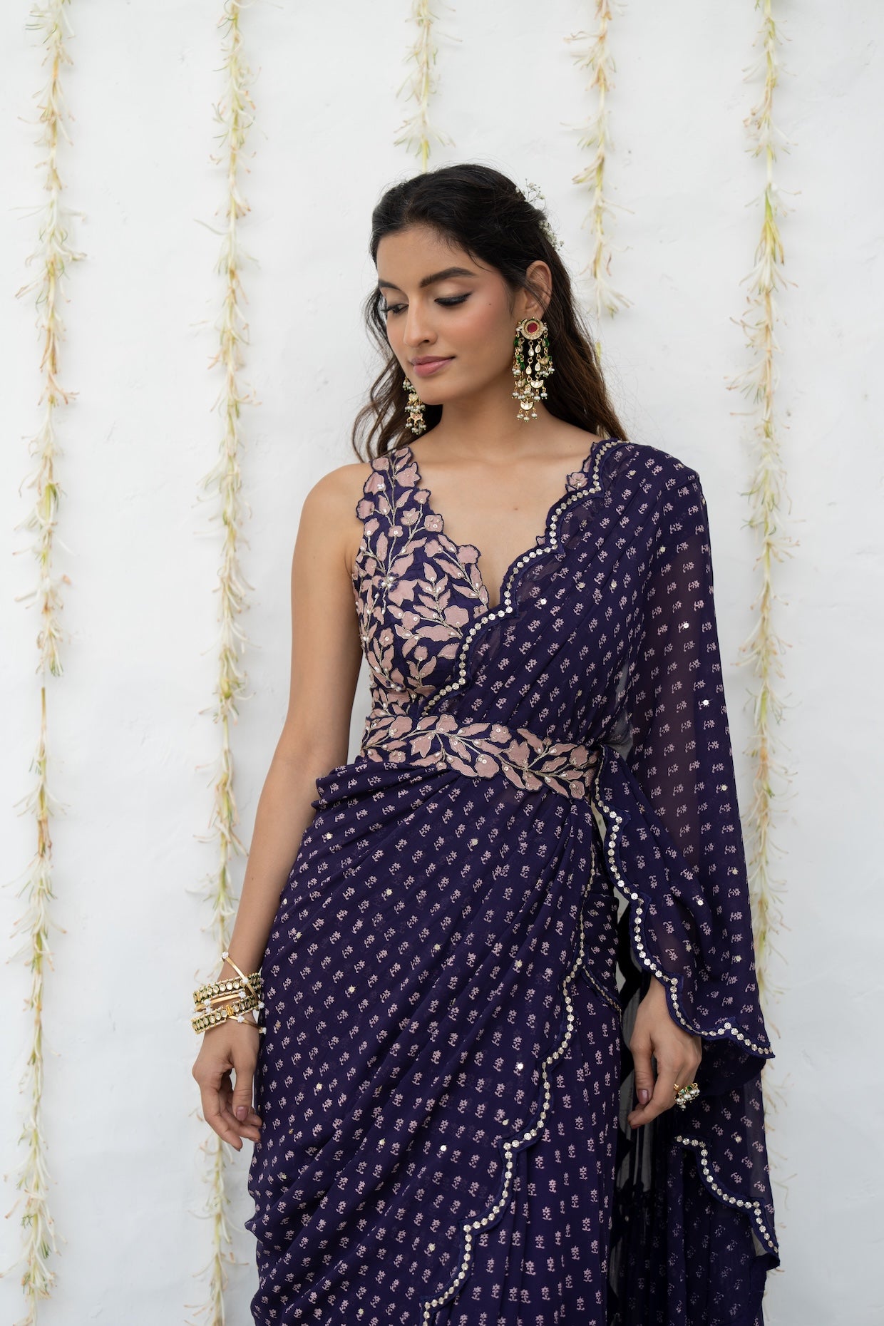 Royal Purple Georgette Draped Saree Set